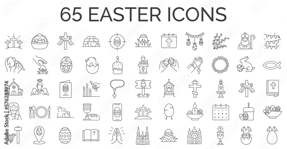 Set of 65 easter line icons. Spring, holidays, Christ, God, Christianity. Collection of editable stroke icons. Vector illustrator. Set of 65 easter line icons. Spring, holidays, Christ, God, Christianity. Collection of editable stroke icons. Vector illustrator.