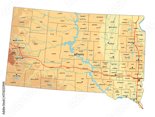High detailed South Dakota physical map with labeling.