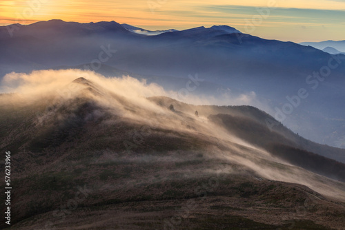 foggy autumn morning in the mountains, Bieszczady national park