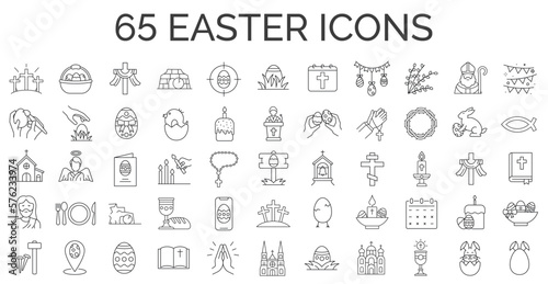 Set of 65 easter line icons. Spring, holidays, Christ, God, Christianity. Collection of editable stroke icons. Vector illustrator.