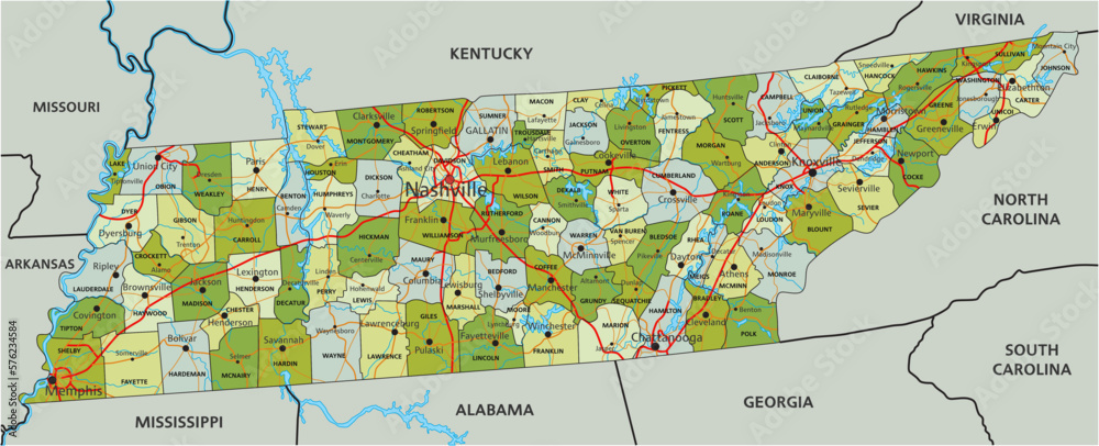 Highly detailed editable political map with separated layers. Tennessee ...