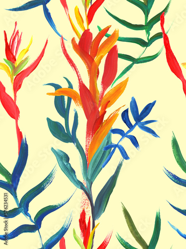 bright seamless pattern with multicolored tropical flowers and leaves for textile 