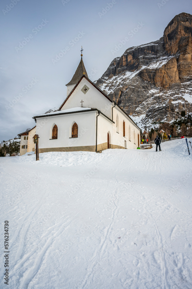 Alta Val Badia in winter. The village of La Val surrounded by the Dolomites. 