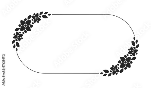 Floral wreath frame template. Rounded oval border with vine and hand drawn flower pattern. Vector round border with space for text.