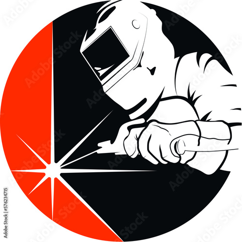 Welder in helmet and welding machine. Design for welding and welder