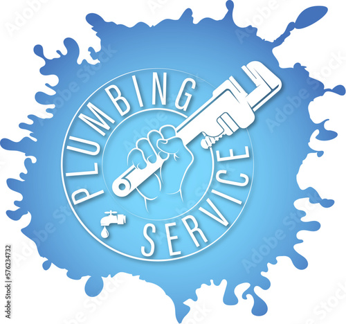 Wrench in hand and drops of blue water. Plumbing repair and service sign