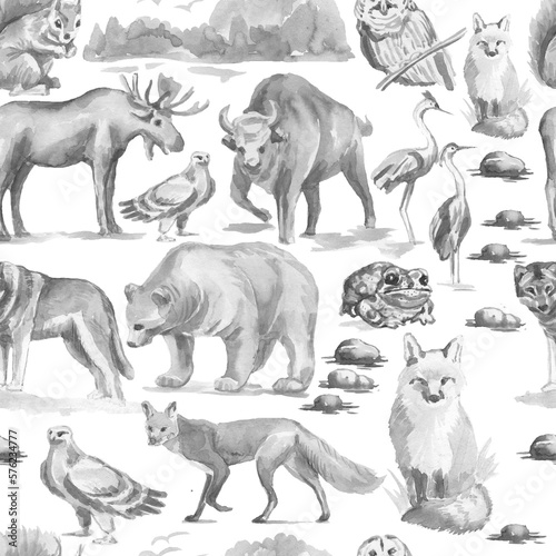 Animals forest bear wolf fox owl birds elk bison trees oak pine spruce mushrooms fauna flora plants watercolor illustration hand drawn set large on white background nature wild Europe Asia