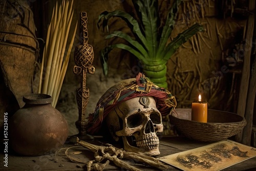 Voodoo, Africa spiritual practice. Voodoo Skull for magic spiritual witchcraft ritual. AI generative
