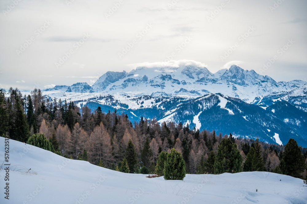 Alta Val Badia in winter. The village of La Val surrounded by the Dolomites. Alta Val Badia in winter. The village of La Val surrounded by the Dolomites.