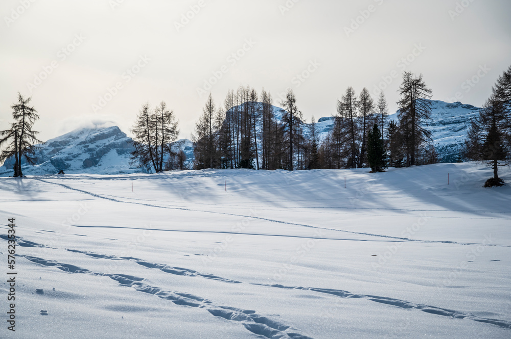 Alta Val Badia in winter. The village of La Val surrounded by the Dolomites. 