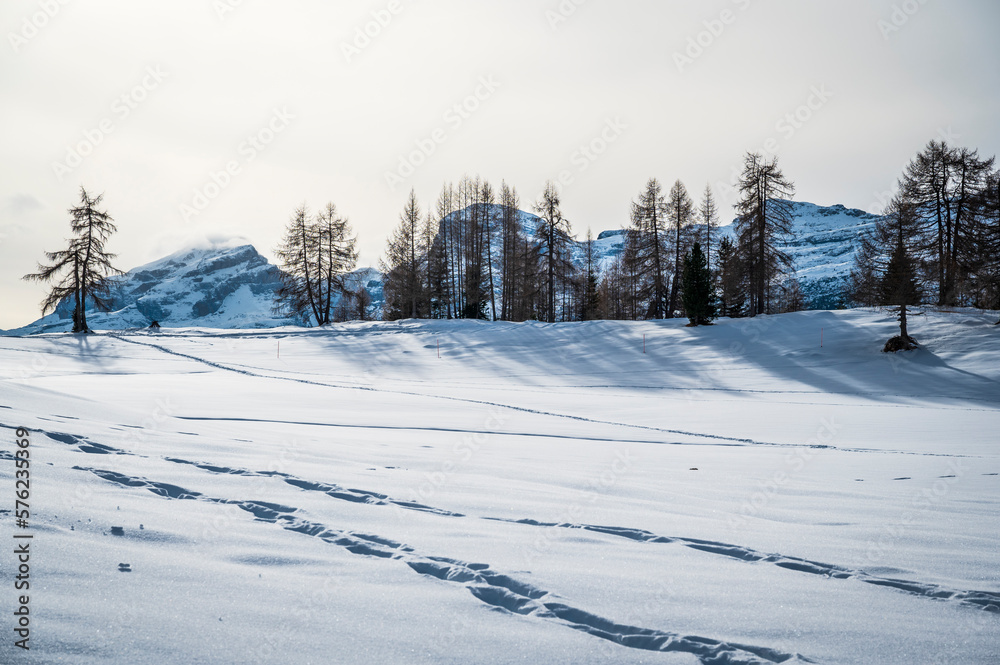 Alta Val Badia in winter. The village of La Val surrounded by the Dolomites. Alta Val Badia in winter. The village of La Val surrounded by the Dolomites.
