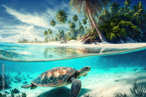 Tropical Serenity: A Sea Turtle in Paradise. Generative Ai