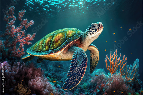 Tropical Serenity: A Sea Turtle in Paradise. Generative Ai © zzzz17