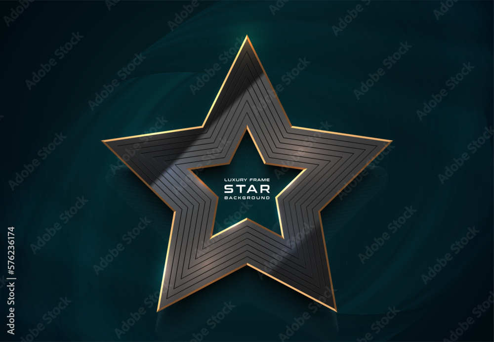 Black glossy star shape logo golden edge frame. Luxury frame gold shine border dark background. Abstract glass style design. Engraved lines geometric star pattern light effect reflection illustration Black glossy star shape logo golden edge frame. Luxury frame gold shine border dark background. Abstract glass style design. Engraved lines geometric star pattern light effect reflection illustration