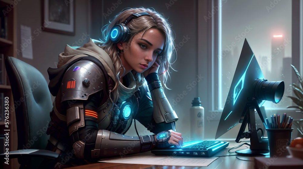 Sad, tired, cyborg woman sits in a room with a window at a table and ...