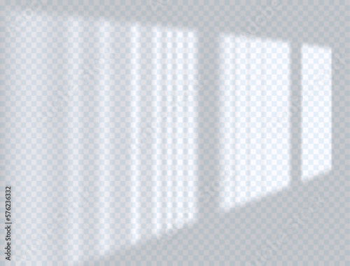 Realistic long shadow overlay effect of window isolated on transparent background. Abstract silhouette soft blurry shadow of vertical blinds on wall. Blank vector sun light shade. Scene of lighting