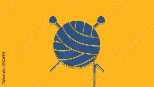 Blue Yarn ball with knitting needles icon isolated on orange background. Label for hand made, knitting or tailor shop. 4K Video motion graphic animation