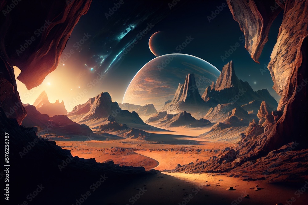 Space  landscape. Desert landscape on the surface of another planet with mountains and giant moon in space. Extraterrestrial landscape, scenery of alien planet in deep space. Generative AI - obrazy, fototapety, plakaty 