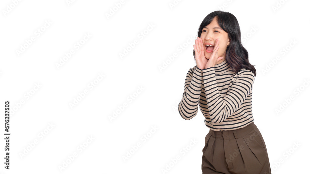 Happy young asian woman, professional entrepreneur standing in casual clothing, open mouths raising hands shout announcement, white background Happy young asian woman, professional entrepreneur standing in casual clothing, open mouths raising hands shout announcement, white background