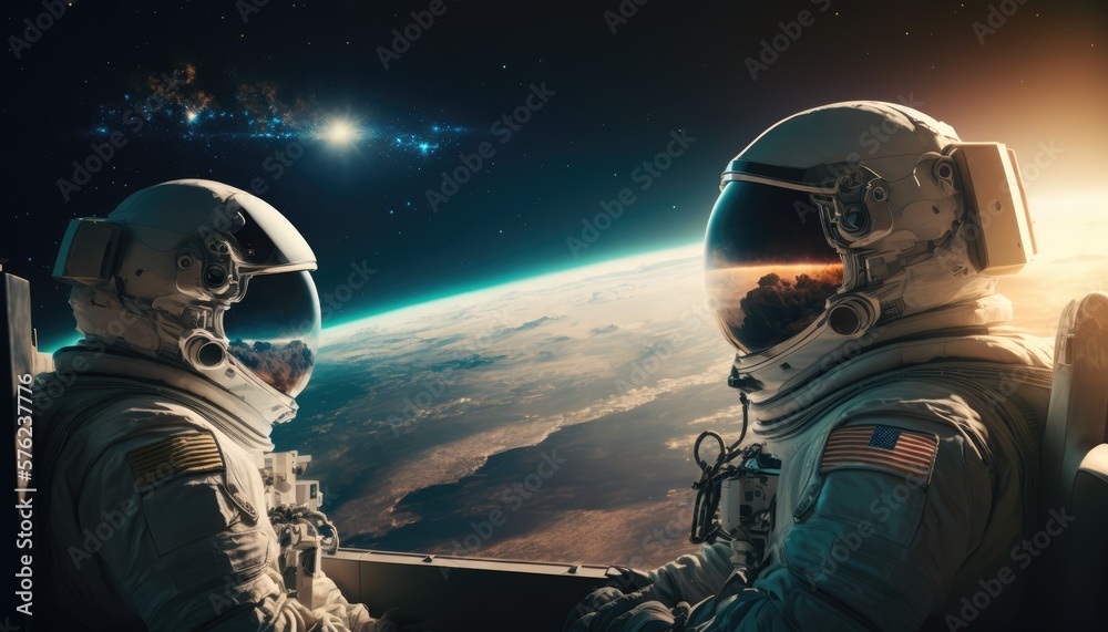 Astronaut and astronauts  exploring planets in outer space, made with generated ai