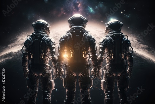 Astronaut and astronauts  exploring planets in outer space, made with generated ai © Interstellar