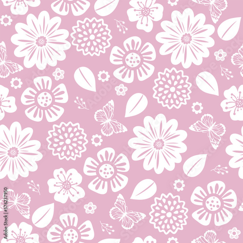 Cute seamless pattern with white beautiful flowers and leaves on pink background