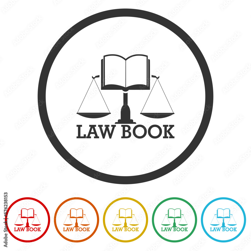 Law scale book logo design icons in color circle buttons Law scale book logo design icons in color circle buttons