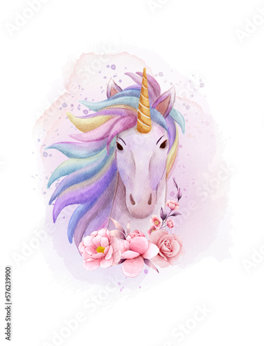 beautiful unicorn watercolor illustration with flower, stars and glitter