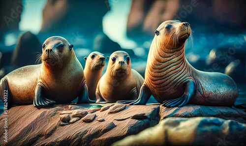 A group of sea lions sunbathing on a rocky shore