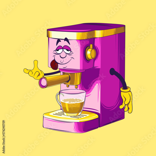 Coffee maker cartoon character. Espresso coffee maker vector.