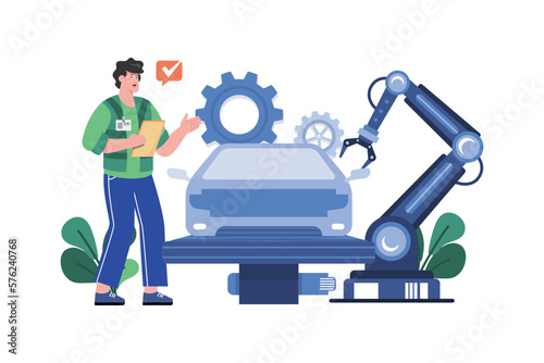 Automated car production Illustration concept pr white background