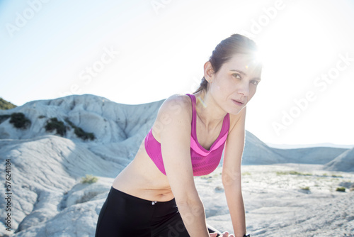 Portrait of tired sportswoman after workout, Gurb, Barcelona, Catalonia, Spain photo