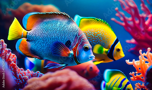 A school of colorful tropical fish swimming around a coral reef