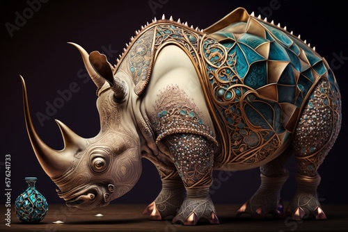 The Ingenious Rhinoceros Scientist: A Chemistry Lab Exploration with 5 Hyperornate High-Resolution Photos of Intricate Gold Decorations, generative AI photo