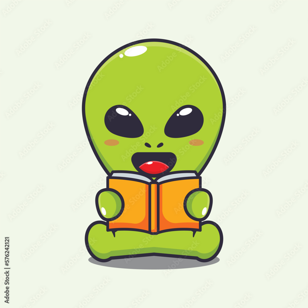 Cute alien reading a book cartoon vector illustration. Stock Vector ...