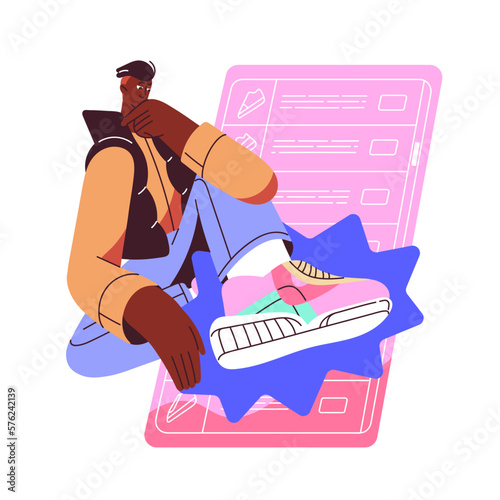 Online shopping, virtual fitting room concept. Black man, customer choosing, buying shoes, sneakers in internet store in mobile phone, smartphone. Flat vector illustration isolated on white background