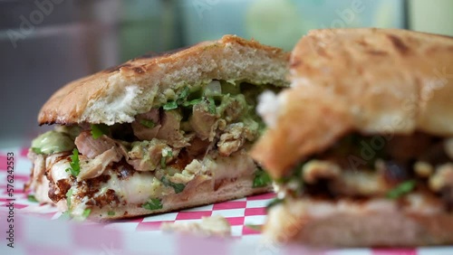 Freshly made chicken cheesesteak sub - close up food truck series photo