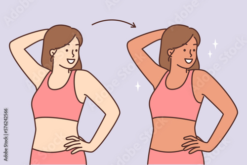 Woman before and after sunbathing or going to spa with visit to solarium to get tanned skin color