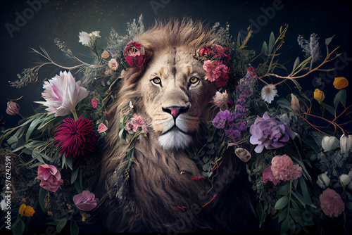 Lion portrait with flowers and leaves. Creative animal portrait. Generative Ai