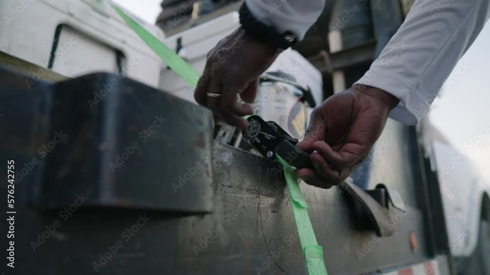 Ratcheting down coolers with green tie down strap onto truck trailer, close up slow motion 4k tracking shot of African American man's hands tightening Ratcheting down coolers with green tie down strap onto truck trailer, close up slow motion 4k tracking shot of African American man's hands tightening