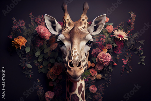 Giraffe portrait with flowers and leaves. Creative animal portrait. Generative Ai