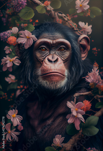Fotografia Chimpanzee or Chimp portrait with flowers and leaves