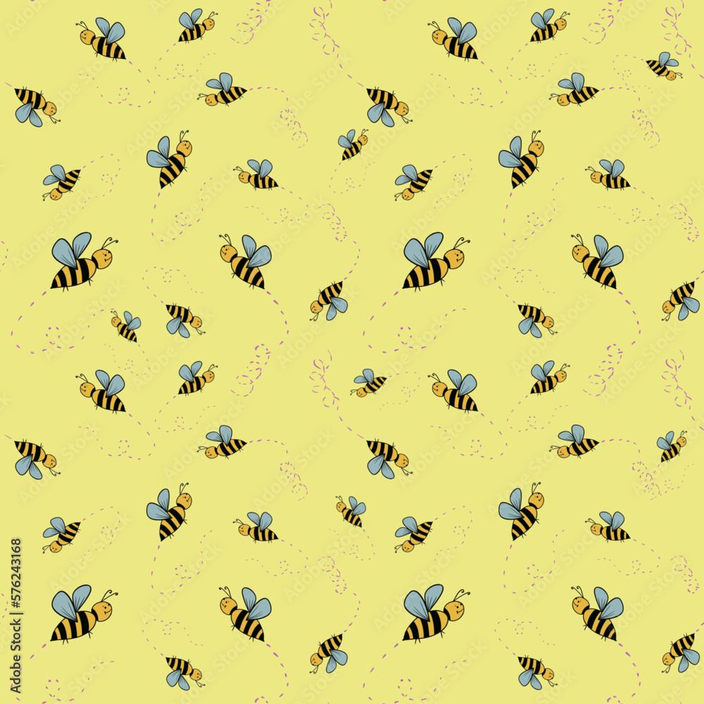 Cartoon bees seamless texture, print for paper and fabric. Hand drawn, vector Cartoon bees seamless texture, print for paper and fabric. Hand drawn, vector