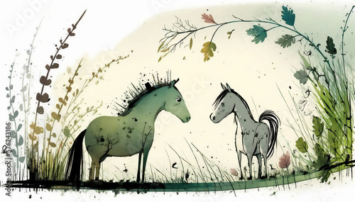 Cute horses in the grass - Generative AI