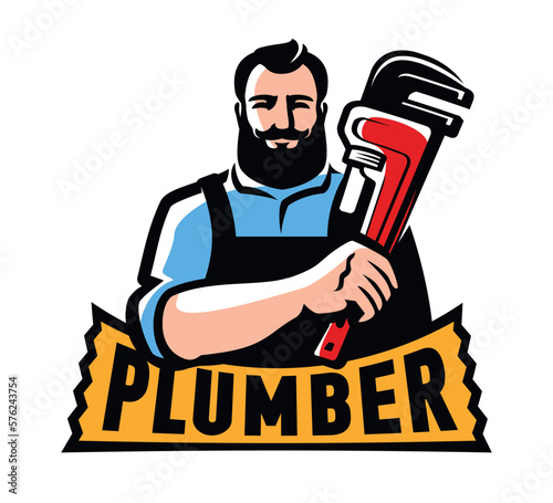Plumber with plumbing wrench. Emblem, logo. Construction, Repair work vector illustration