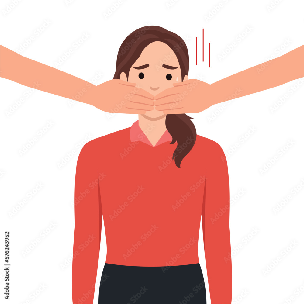 Young business woman with her mouth closed. Flat vector illustration isolated on white background Young business woman with her mouth closed. Flat vector illustration isolated on white background