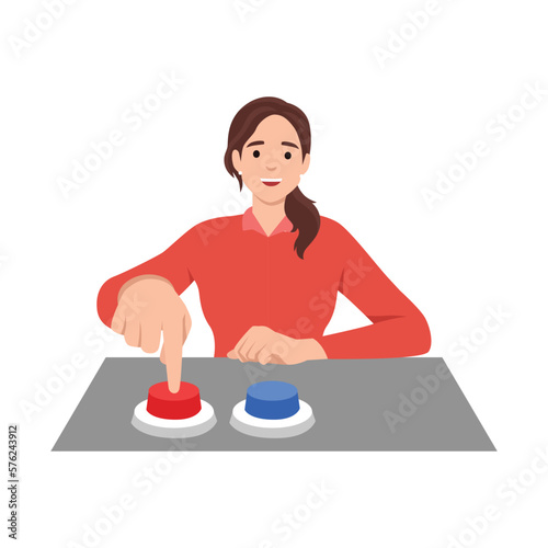 Happy woman choosing between two buttons and pushing red one. Vector illustration for difficult choice. Flat vector illustration isolated on white background