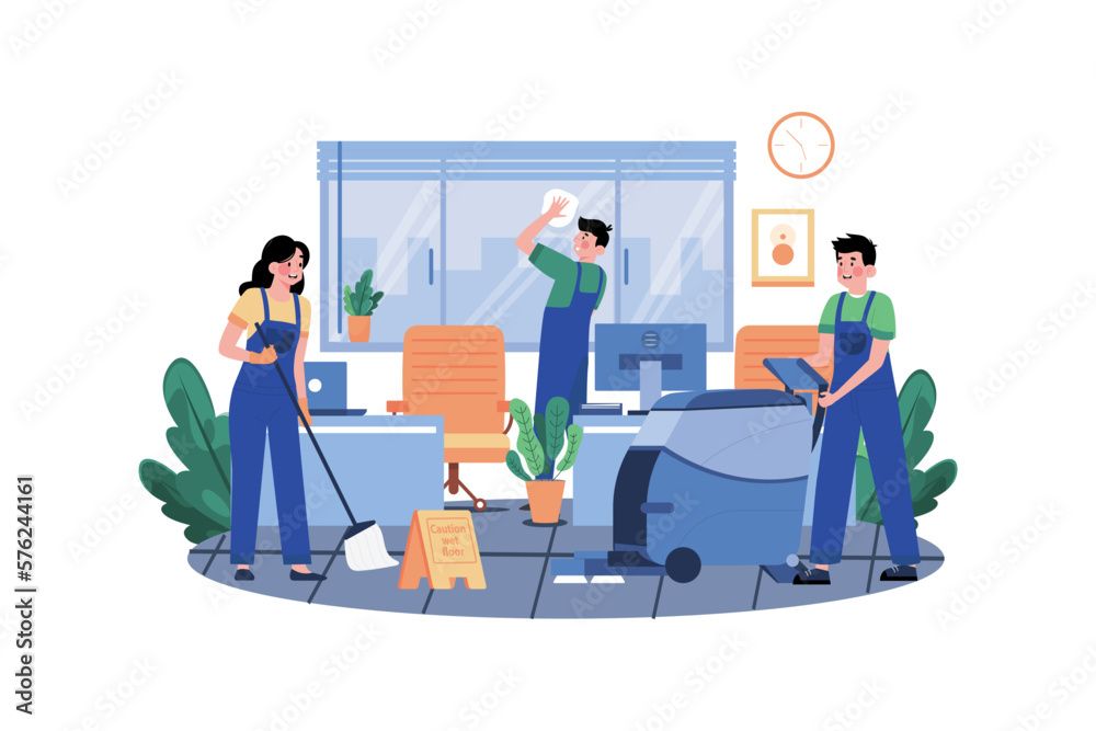 Worker cleaning office Illustration concept on white background