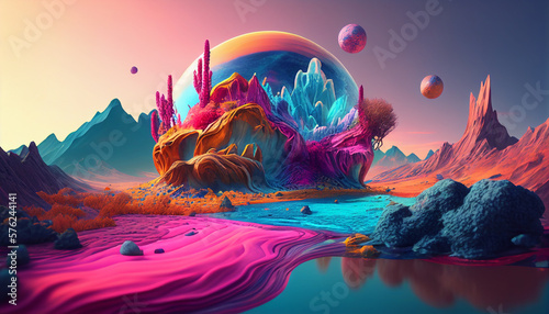The Rainbow Planet  A Fantastical  Imaginative World with Vibrant  Otherworldly Landscapes. Generative Ai