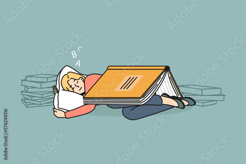 Calm girl sleeping on pillow with huge book cover. Relaxed woman rest nap after reading see dreams. Education, bookworm. Vector illustration. 